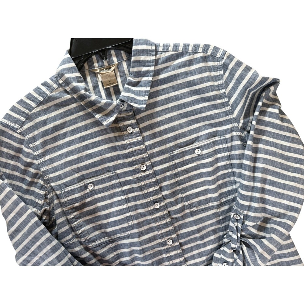 Duluth Trading Co Womens Organic Cotton Striped Button Down Shirt Blue White L